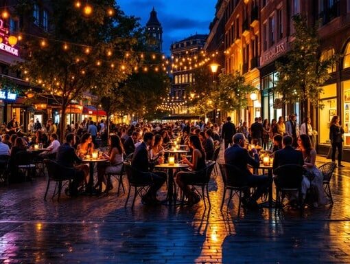 Illuminated street dining stockcake